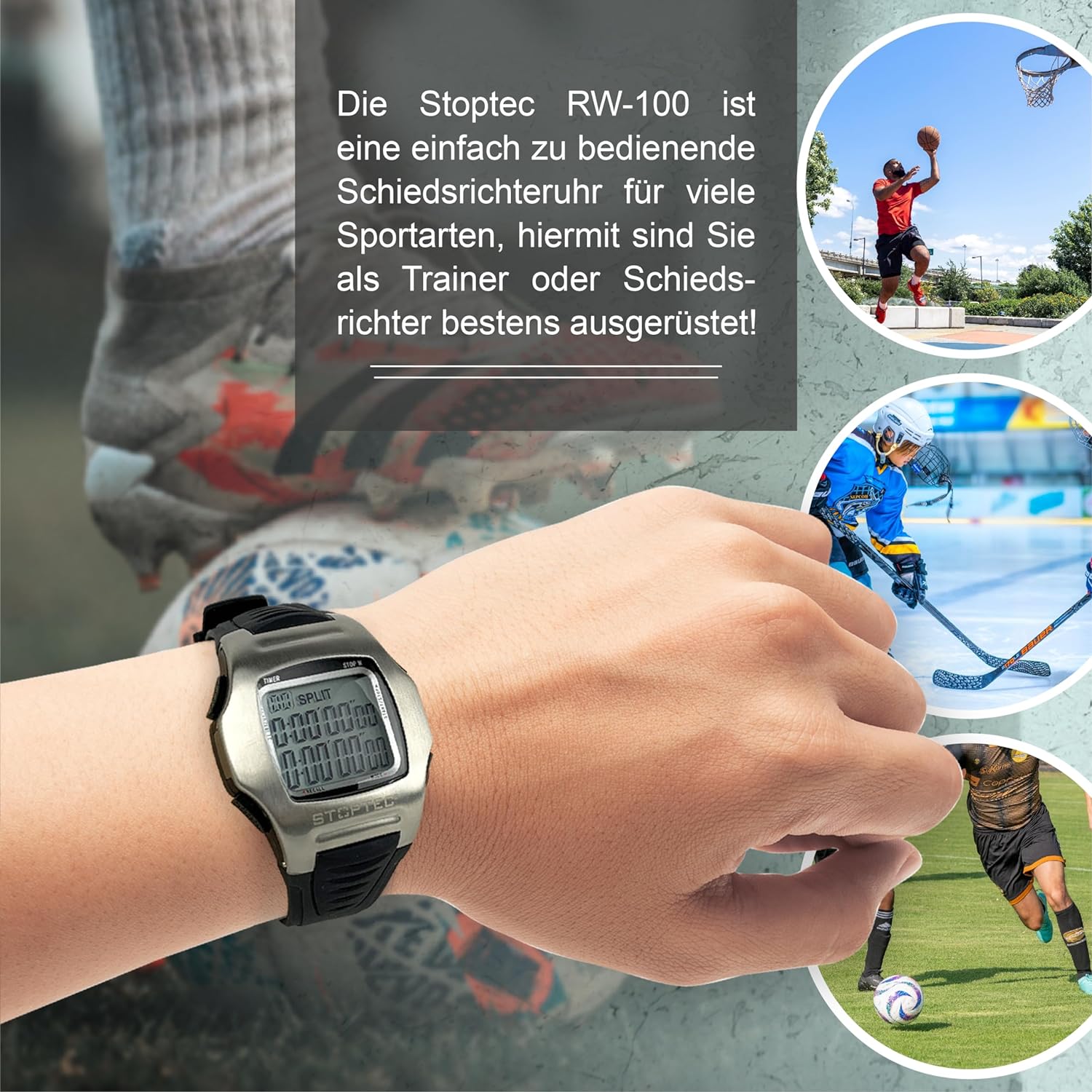 Stoptec RW-110 Scheidsrechterhorloge, speciale voetbalmodus, stopwatch, pacer, alarm, verlichting, tijd en datum Stoptec RW-110 Scheidsrechterhorloge, speciale voetbalmodus, stopwatch, pacer, alarm, verlichting, tijd en datum